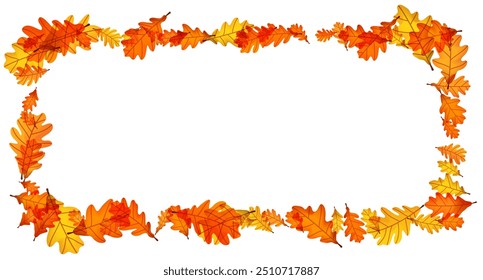 Oval frame made of autumn oak leaves in warm orange and yellow tones. Vector illustration.