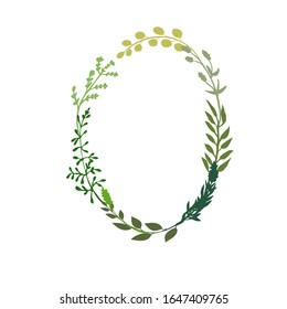 Oval Frame Made Of Branch, Herbs, Twigs And Flowers. Wreath Great To Place Any Text, Quote Or Logo. Green Foliage Isolated On White. Vector Illustration.