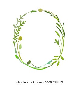 Oval frame made of branch, herbs, twigs and flowers. Wreath great to place any text, quote or logo. Green foliage isolated on white. Vector illustration.