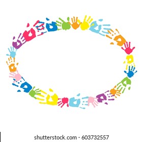 Oval frame made of colored handprints.