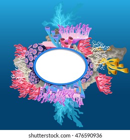 Oval frame made of corals with space for your text or image. Vector cartoon close-up illustration.