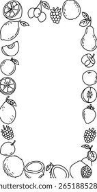 Un marco ovalado hecho de garabatos de frutas simples dibujados a mano. Un borde decorativo para la marca de alimentos, menús de restaurantes o blogs de alimentación saludable.