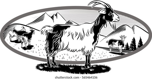 oval frame with mountain landscape and goats grazing.