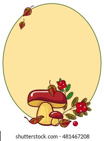 Oval frame with mushrooms and cranberries. Vector clip art.