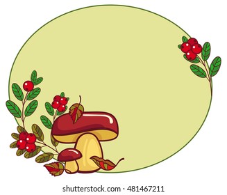 Oval frame with mushrooms and cranberries. Vector clip art.