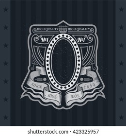 Oval Frame On With Winding Ribbons And Line Pattern. Vintage Label On Blackboard