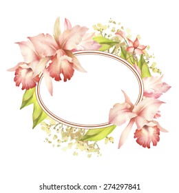 Oval frame with orchids. vector illustration.