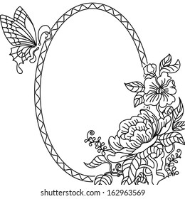 Oval frame with peonies and butterflies. Black-and-white drawing.