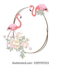Oval frame with pink flamingo and peony flower. Copy space for design. Vector illustration.