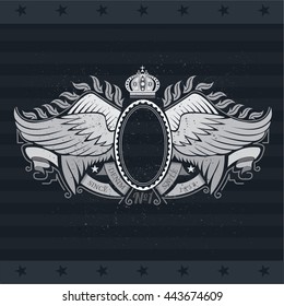 Oval frame with ribbon between two pair wings with fair. Heraldic vintage label on blackboard