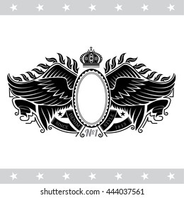 Oval frame with ribbon between two pair wings with fair. Heraldic vintage label on white