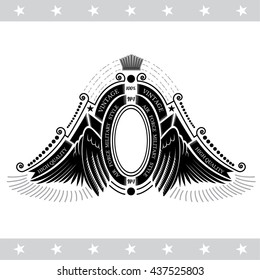 Oval frame with ribbons between wings. Heraldic vintage label on white