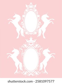 oval frame with rose flowers, princess crown and rearing up fairy tale unicorn horse - pink and white vector copy space royal design set