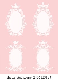 oval frame with rose flowers and royal princess crown - pink and white handdrawn vector copy space floral design set