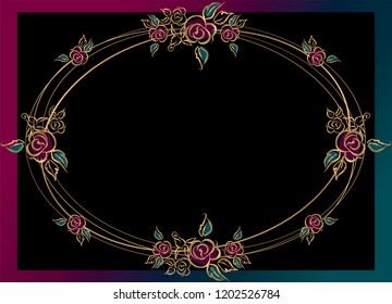 Oval frame . Roses. Gold.  Vector illustration.