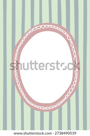 Oval frame with scallop lace border on vertical stripe background, hand drawn linework and spacious center. Concept of invitation, greeting, announcement, message space. Cartoon vector illustration.