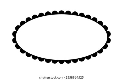 Oval frame with scalloped borders. Elliptic vignette with frilly edges for picture, photo or mirror isolated on white background. Vector graphic illustration.