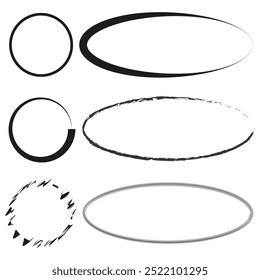 Oval frame set. Circular outline graphics. Grunge oval shapes. Vector frame elements.