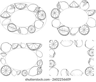 Oval Frame set with lemon whole and slices and leaves. Graphic line ink black and white style, floral frames, invitation, party, wedding road signs. Vector illustration.
