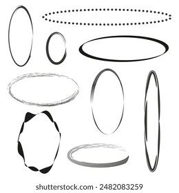 Oval frame set. Various elliptical shapes. Black and white contrast. Vector illustration.