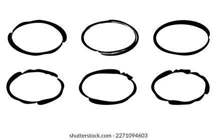 Oval frame. Sketch highlight ovals line. Doodle Marker hand drawn highlight scrawl circles. Highlighting text and important objects. Round scribble frames. Stock vector illustration on white.