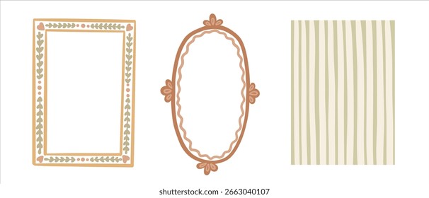 Quadro oval e plano de fundo listrado conjunto de ilustração de vetor doodle desenhado à mão. Elemento verde e laranja mínimo com faixa e arte da linha. Ótimo para cartaz ou estética e design de convite.