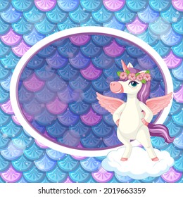 Oval frame template on blue fish scales background with cute unicorn cartoon character illustration