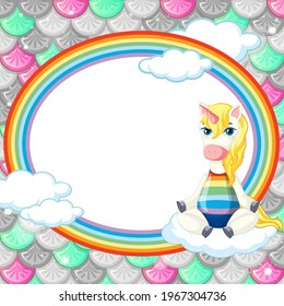 Oval frame template on colorful fish scales background with unicorn cartoon character illustration