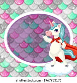 Oval frame template on colourful fish scales background with cute unicorn cartoon character illustration