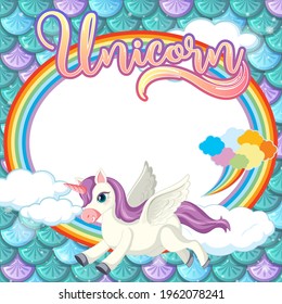 Oval frame template on green fish scales background with unicorn cartoon character illustration