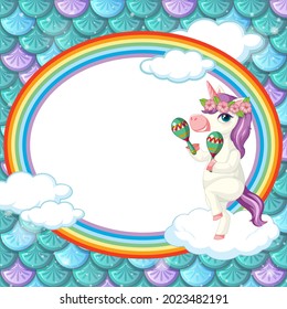 Oval frame template on green fish scales background with unicorn cartoon character illustration