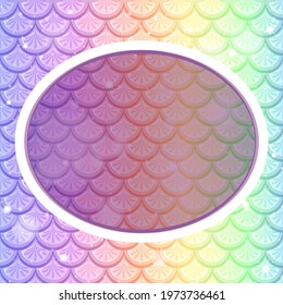 Oval frame template on pastel rainbow fish scales background illustration