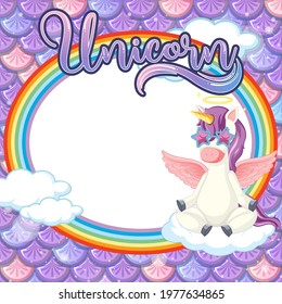Oval frame template on purple fish scales background with unicorn cartoon character illustration