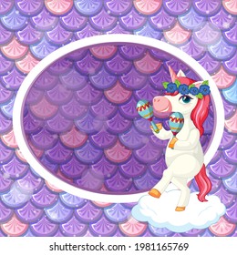 Oval frame template on purple fish scales background with cute unicorn cartoon character illustration