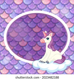 Plantilla de marco oval sobre el fondo de las escalas de peces púrpura con ilustración de caricatura de unicornio