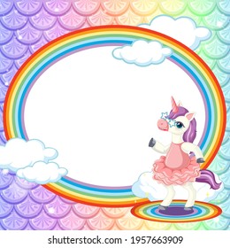 Oval frame template on rainbow fish scales background with unicorn cartoon character illustration