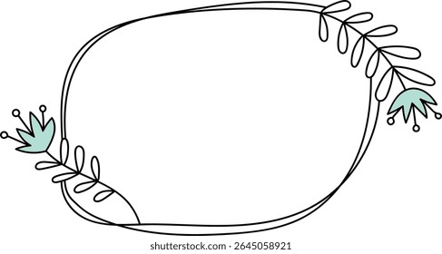An oval frame with thin lines and floral accents in a clean style. Curved branches and simple flowers create an elegant border. Cartoon vector illustration.