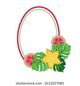 Oval frame with tropical guavas, star fruit, and monstera leaves vector illustration 