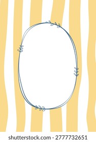 Oval frame with twig doodle on striped picnic backdrop, blank center for text or photo. Evokes summer, countryside, nostalgia, and invitation. Cartoon vector illustration.