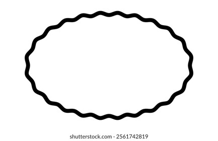 Oval frame with wavy borders. Elliptic shape with curvy edges. Text box, tag or speech bubble template isolated on white background. Vector graphic illustration.