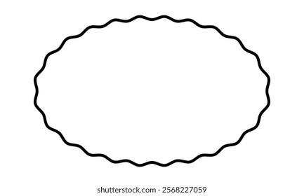 Oval frame with wavy borders. Elliptic shape with curvy edges. Text box, speech bubble, sticker, tag or label template isolated on white background. Vector graphic illustration.