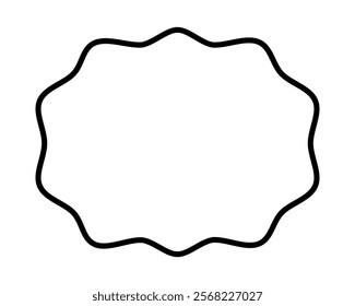 Oval frame with wavy edges. Geometric shape with scallop borders. Blank text box, speech bubble, tag or label isolated on white background. Vector outline illustration.