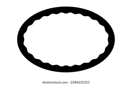 Oval frame with wavy inner borders. Elliptic shape with curvy inside edges. Text box, sticker, tag or speech bubble template isolated on white background. Vector graphic illustration.