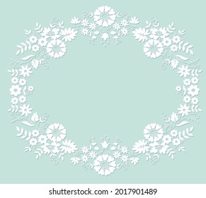 oval frame of white lacy flowers on a turquoise background