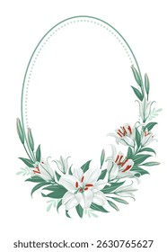 Oval frame with white lily flowers and copy space. Floral decoration with daylily, leaves and buds isolated on white background. Can use for greeting card, label, print. Vector illustration