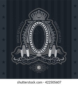 Oval Frame With Winding Ribbons And Line Pattern. Vintage Label On Blackboard