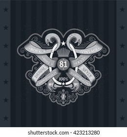 Oval Frame With Winding Ribbons Pattern. Vintage Label On Blackboard