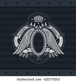 Oval Frame With Wings Between Cross Arrows And Winding Ribbons. Vintage Label On Blackboard