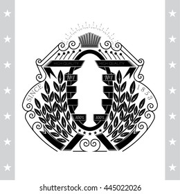 Oval frame with wrapped ribbon between laurel wreath. Heraldic vintage label on white
