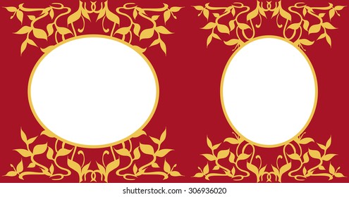Oval Frames Collection - Golden Floral Decoration. Illustration set of two oval frames adorned with stylized gold plant sprouts. Elegant, lively and rich damask decorations. Vector EPS illustration.